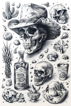 An artistic representation of a skull with a cowboy hat made in black and white using a creative design. This artifact merges organism with still life photography in a visually stunning way