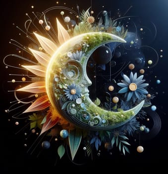 A large, glowing, flowery moon with a star in the center. The moon is surrounded by a variety of flowers and plants, creating a whimsical and dreamy atmosphere