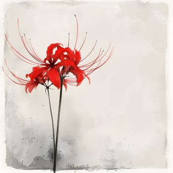 A creative arts painting featuring a vibrant red petal plant, with two flowers depicted in rich art paint on a fluid white background in a rectangular composition