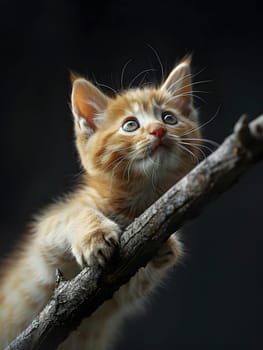 A Felidae, small to mediumsized cat, known as a kitten, is perched on a tree branch. With its whiskers twitching, fur a soft fawn color, the domestic shorthaired cat gazes up curiously
