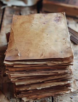 A stack of old papers rests on a hardwood table, reminiscent of rustic cuisine recipes. Wood and tableware set the scene for traditional dishes made with staple food ingredients