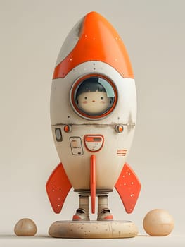A toy rocket made of plastic arts designed to resemble a fictional character, Carmine, with a person inside. It is a machine fueled by gas, similar to baby toys but with a futuristic twist