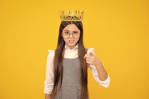 Girls birthday party, funny kid in crown. Imagine herself a queen, child wear diadem. Successful teenager wear luxury beauty queen crown, success. Angry teenager girl, upset and negative emotion