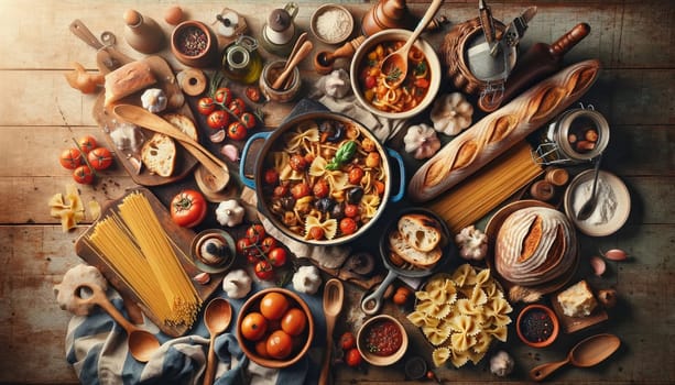 Top-down view of a farmhouse kitchen scene, featuring homemade pasta, stew, grilled vegetables, and artisan bread, with a rustic charm. High quality illustration