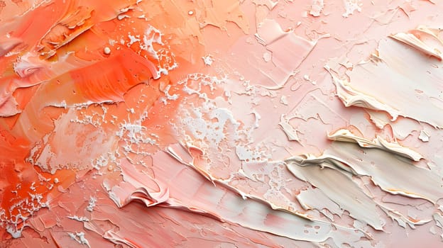 A closeup macro photography shot showcasing a painting with vivid orange and white colors, depicting a beautiful landscape with elements of wood, water, soil, and rock
