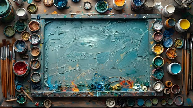 A painting sits on a table surrounded by paintbrushes, exuding green and electric blue hues. An artful display featuring natural materials and fashion accessories