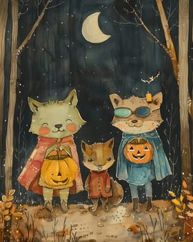 A cartoon painting of three animals dressed up for Halloween with a full moon in the background, displayed in a window. Creative arts featuring Felidae, plant, and tree elements