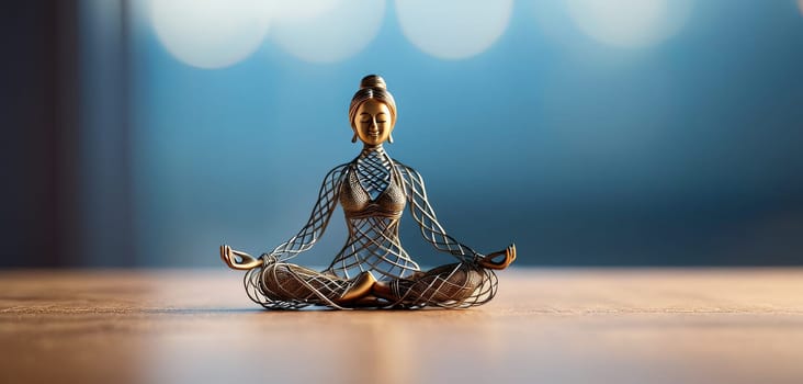 Woman in yoga pose, bent wire figure on nature backdrop, Creative figures symbol of tranquility, art and serenity intersection