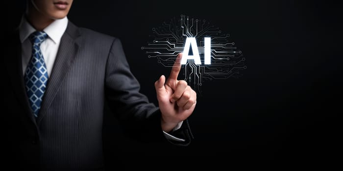 Human interact with AI artificial intelligence brain processor in concept of AI artificial intelligence engineering, big data and AI machine learning to use generative AI for business support. Faas