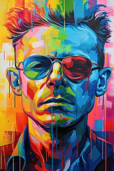 The comic colourful picture of the short hair male adult human head and has been wearing sunglasses with straight face yet picture fill with various colour that make picture fill with emotion. AIGX01.