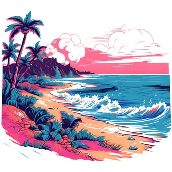 A vibrant textile painting depicting a sandy beach with palm trees and rolling aqua waves. The art captures the beauty of the Arecales trees and uses a soothing palette of tints and shades