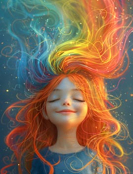 A girl with vibrant rainbowcolored hair is smiling serenely, her eyes closed in contentment. Her hairstyle frames her face beautifully, emphasizing her closed eyelashes and serene expression