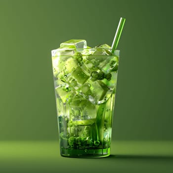 A refreshing cocktail made with green liquid, ice cubes, and a green straw, served in a highball glass. Perfect for quenching your thirst and cooling off on a hot day