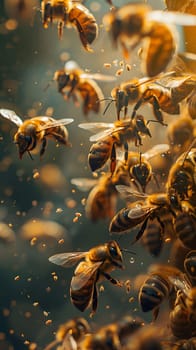 Macro photography of membranewinged insect pollinators like honeybees flying in a pattern in the air near a beehive, showcasing the beauty of these arthropods