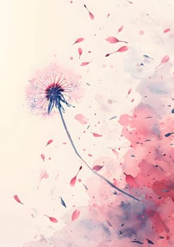 A creative watercolor painting featuring a dandelion with pink petals falling from it. The artwork captures the delicate beauty of this flowering plant in shades of magenta and art paint