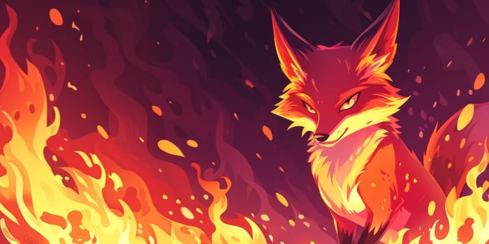 Burning fox isolated on a fiery background