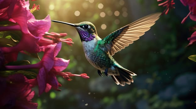 Hummingbird hovering in the air, wings oscillating with precision, set against backdrop of a lush garden