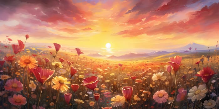 A vast flower field ablaze with the warm hues of a setting sun, petals illuminated with the golden glow