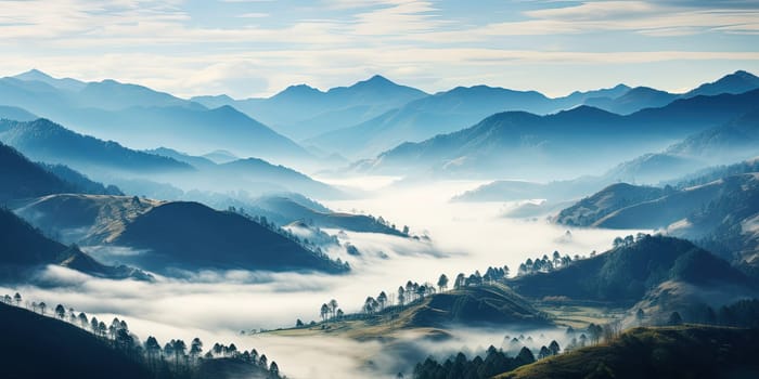 Mystical scene of mists gracefully drifting over valley nestled between majestic mountains