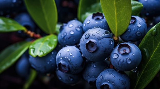 Close up shot of a vibrant blueberry bush, laden with a plump berries, capturing the intricate details of the berries and leaves