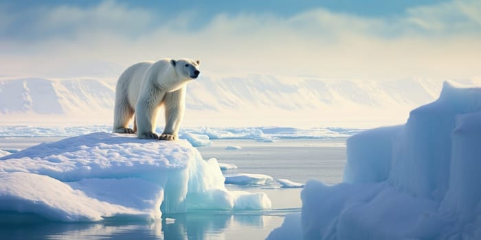 A solitary polar bear standing majestically on vast iceberg, the icy wilderness stretching around it