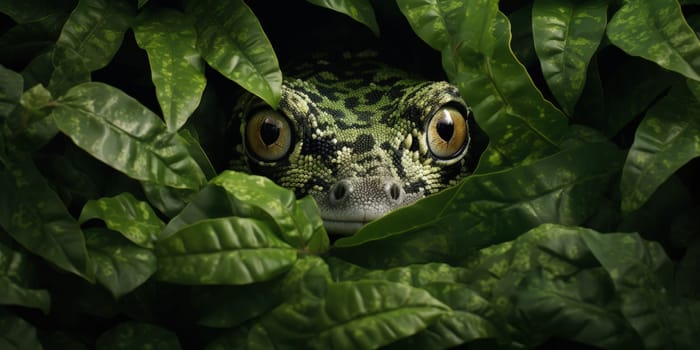 An intimate portrayal of a gecko in a front view, expertly camouflaged among the greenery of leaves