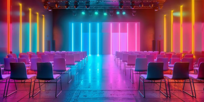 Abstract empty colorful neon room with a chairs