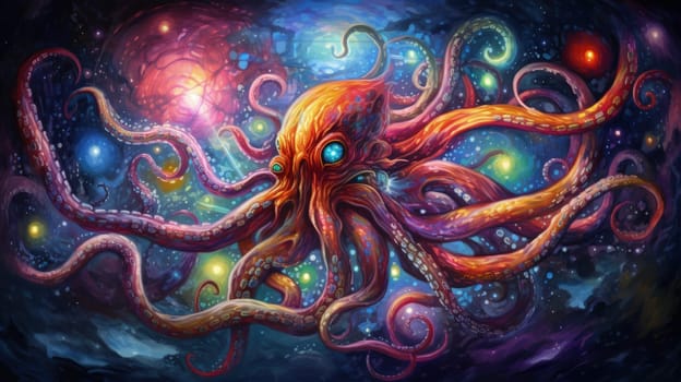 A mesmerizing cosmic dance of octopus, its tentacles painted in vivid colors