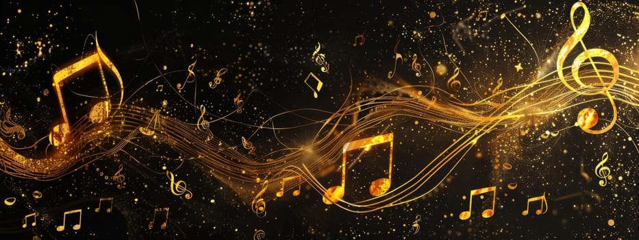 Abstract gold musical notes on a dark black background