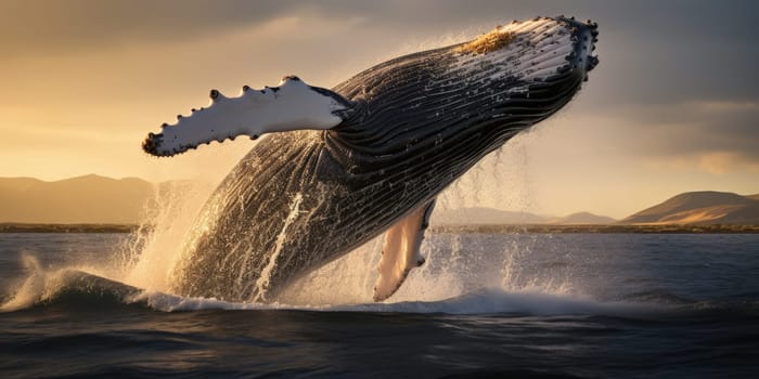 A majestic whale leaping gracefully out of the water, sunlight glistening on its wet skin, capturing the sheer power and beauty of the ocean giant
