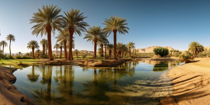Oasis with lush palm trees, reflective oasis pool, and distant sand dunes