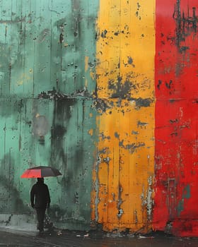 A man with an umbrella stands in front of a vibrant magenta wall painted with various tints and shades. The rectangular door adds an artistic touch to the visual arts display