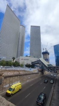 Tel Aviv city Israel, Azrieli buildings, ambulance car. High quality photo
