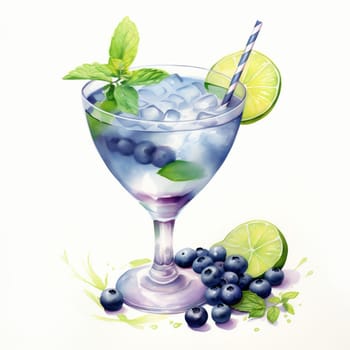 Cocktail Day with Blueberry, Lemon and Mint Leaves. Hand Drawn Coctail Day with Berries Sketch on White Background.