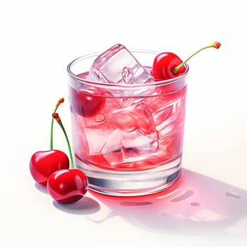 Cocktail Day with Cherry and Ice. Hand Drawn Coctail Day with Berries Sketch on White Background.