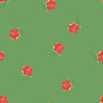 Marigold Flower Seamless Pattern. Hand Drawn Floral Digital Paper on Green Background.