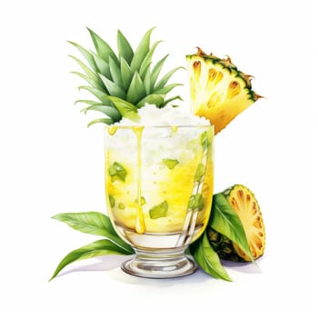 Pina Colada Cocktail Day with Pineapple and Ice. Hand Drawn Coctail Day with Berries Sketch on White Background.