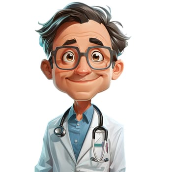 An animated cartoon doctor with electric blue eyewear and a tie smiles, holding a stethoscope. His joyful gesture brings happiness to the art world