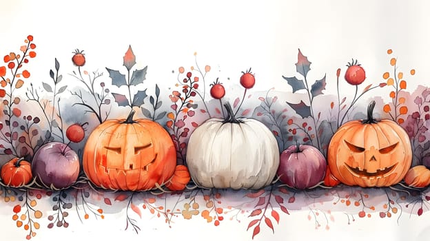 A creative watercolor painting featuring pumpkins, calabazas, and leaves on a white background. The orange hues of the winter squash contrast beautifully with the natural green of the plant