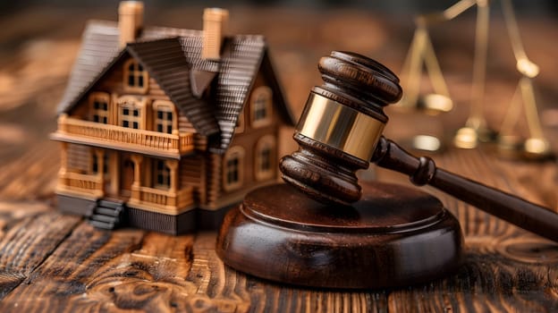 A wooden gavel rests on a wooden table beside a model house. The scene symbolizes an event related to building and construction