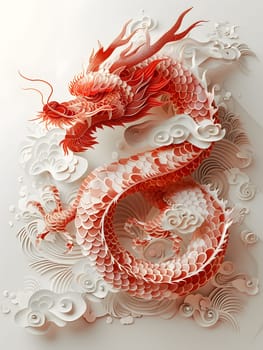 A red dragon with petallike scales is surrounded by fluffy white clouds on a clean white background. Its headgear shimmers with peachcolored eyelashes creating a striking fashion accessory