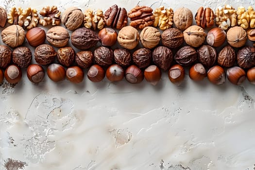 A variety of nuts are creatively displayed on a wooden table, resembling body jewelry made of natural materials like beads and twigs