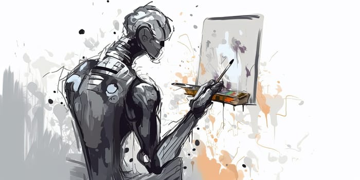 Android Robot Painting Arts On A Canvas With Brush And Paints