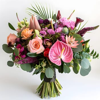 An artfully arranged bouquet of vibrant flowers is displayed on a clean white surface, showcasing the beauty of nature and creative floral design