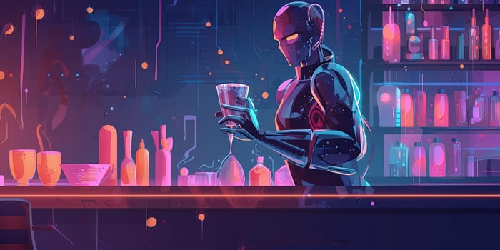 Android Robot Working Behind Bar Counter In Night Club