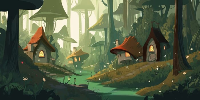 Fabulous Small Houses In Mushrooms For Dwarfs In Magical Forest , Cartoon Illustration