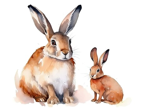 watercolor painting illustration of Wild hare with cute little bunny isolated on a white background , generative AI