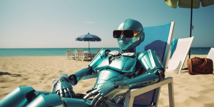 Metallic Android Robot Lying On A Chaise Lounge On A Beach