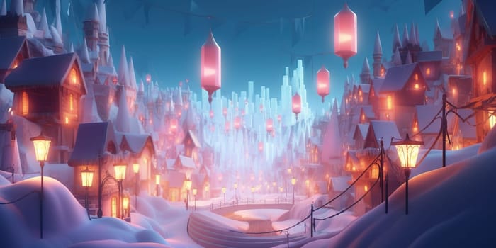 Illuminated Toy Fairy Houses In Snow Make For A Magical Illustration