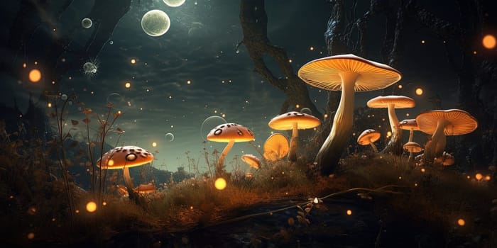 Fabulous Magic Mushrooms Lighting In Night Forest